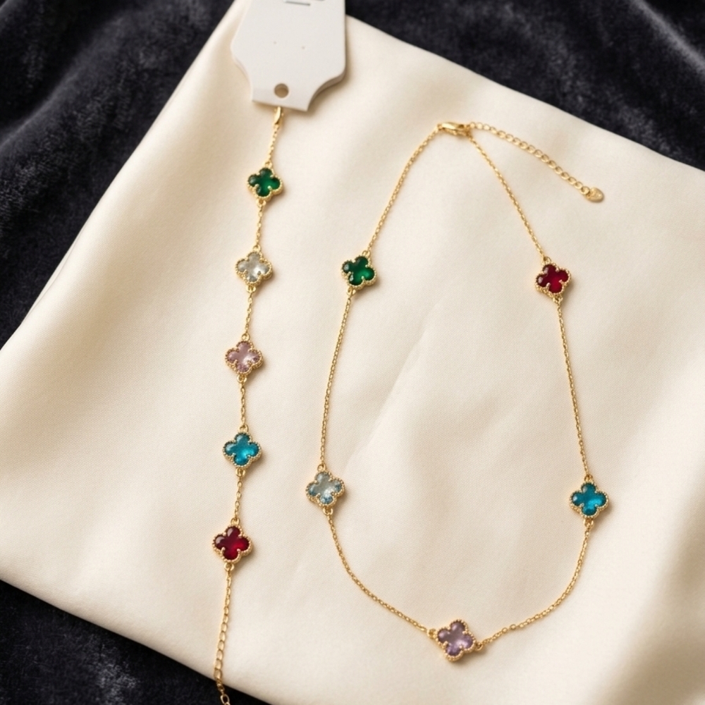 Gold Tone Multicolor Clover Station Necklace and Bracelet Set